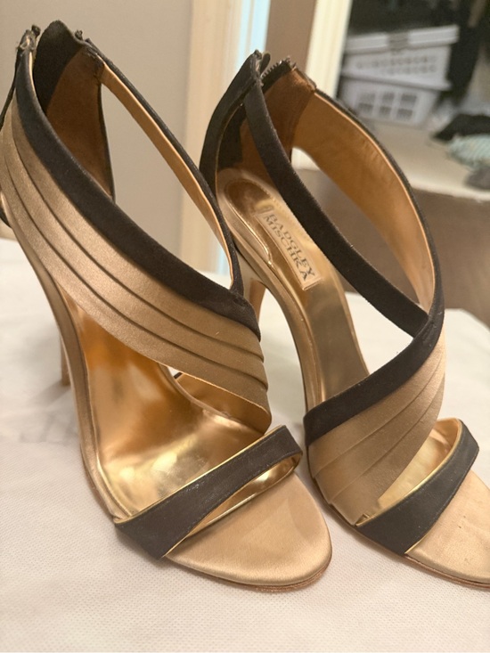 Badgley Mischka Shoes - Badgley Mischka Metallic Gold and Black Satin Crisscross High Heels